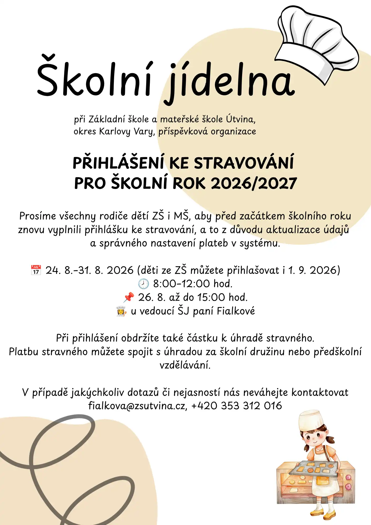 Informace pro školní rok 2026/2027 - školní jídelna 
