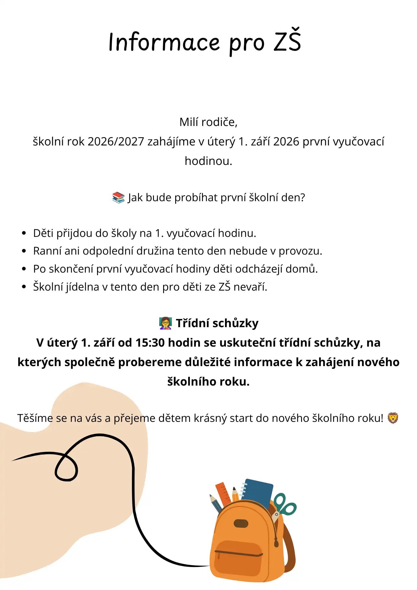 Informace pro školní rok 2026/2027 - ZŠ