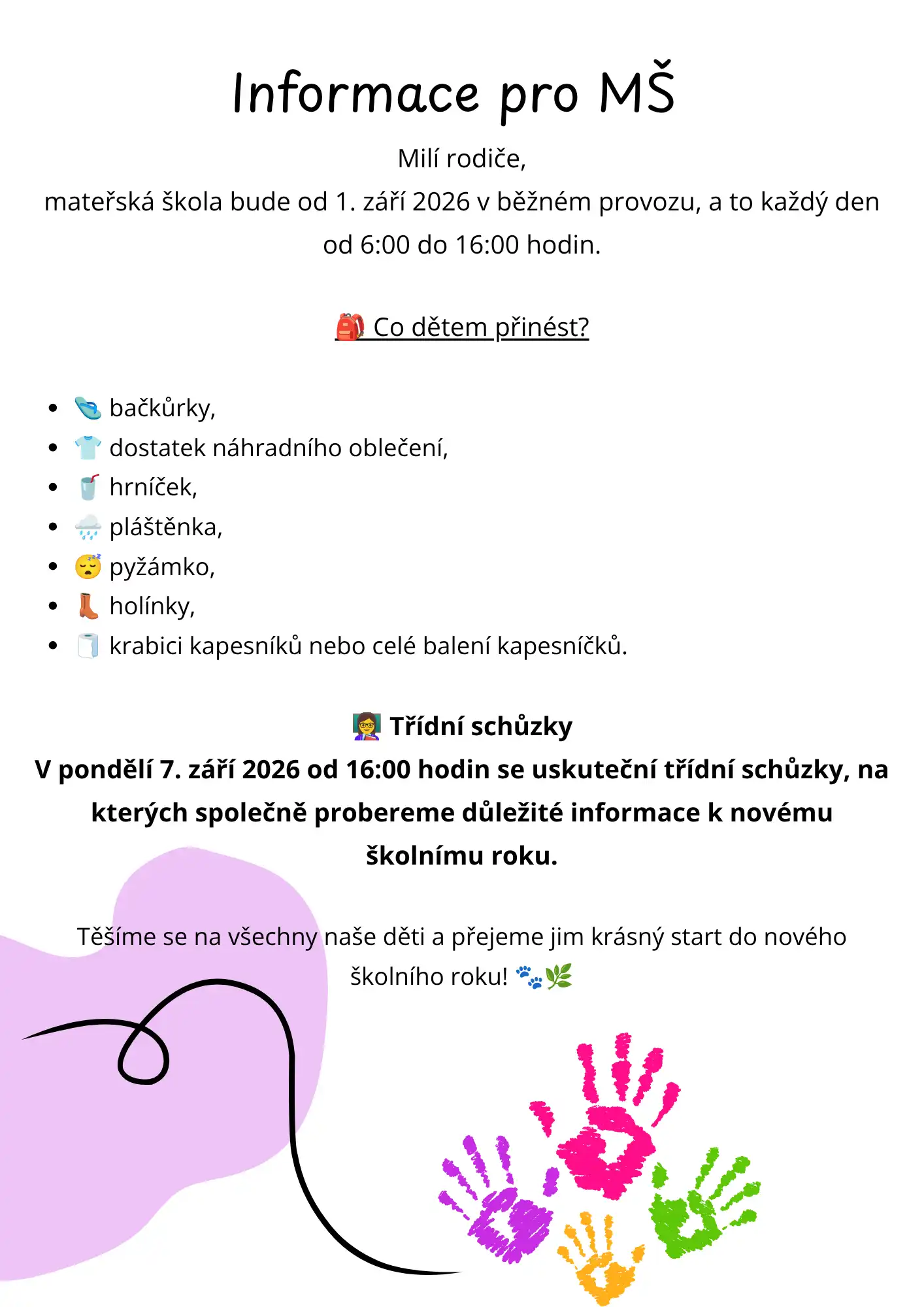 Informace pro školní rok 2026/2027 - MŠ